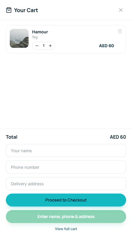 The shopping cart showing an added item, quantity controls, and total