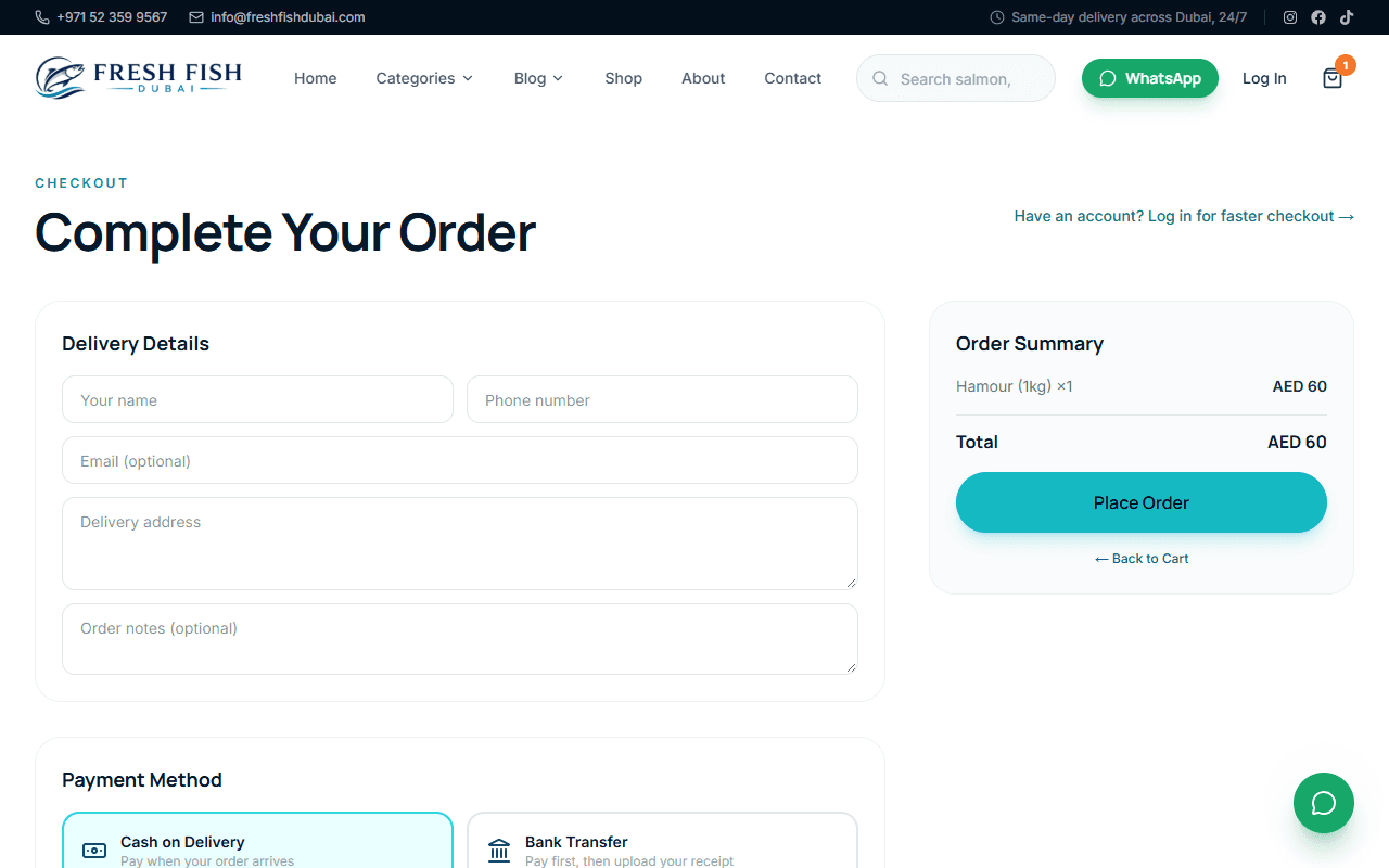 The checkout page with delivery details form and payment method selection