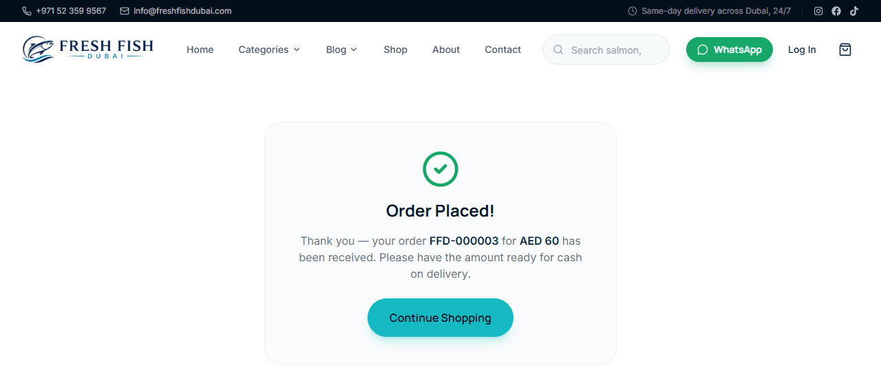 An order confirmation screen showing the order number and total