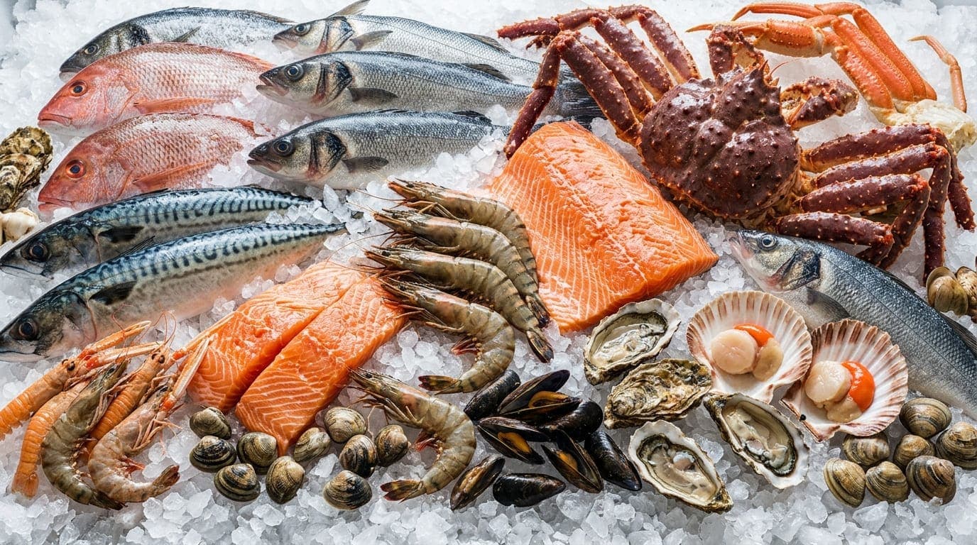 Seafood in Dubai featuring fresh fish, salmon, prawns, lobster and crab for delivery