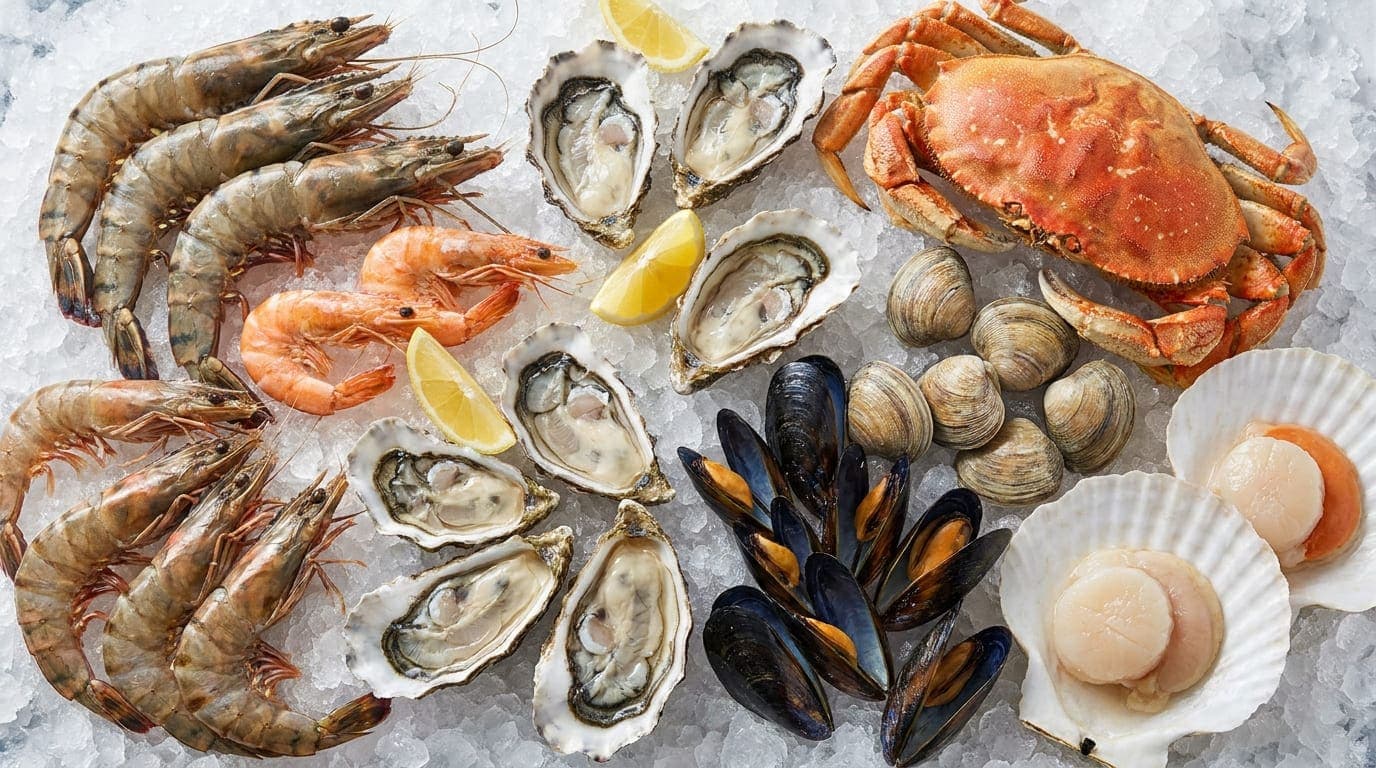 Fresh shellfish in Dubai featuring prawns, crab, lobster and mussels for delivery